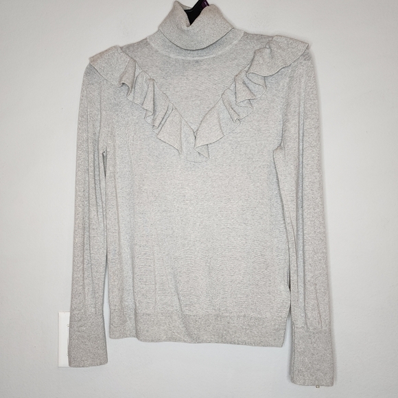 J. Crew Merino Wool Grey Turtleneck Ruffle Sweater Zip Cuffs Size Medium - Picture 9 of 16